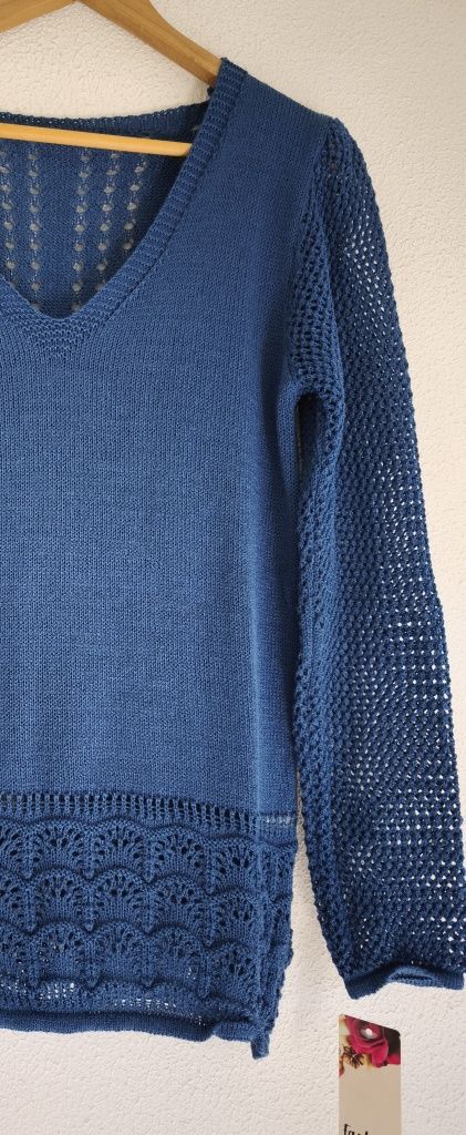 Camisola azul ganga, de malha fria, italiana