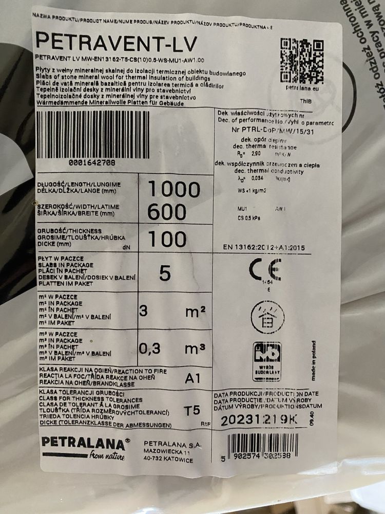 Wełna skalna Petralana PETRAVENT-LV 78 m²