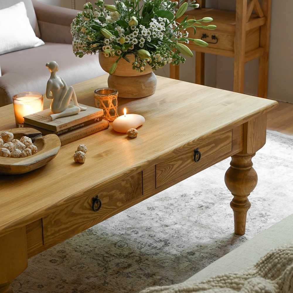 Rustykalna ława drewniana z szufladkami MES 19 do salonu