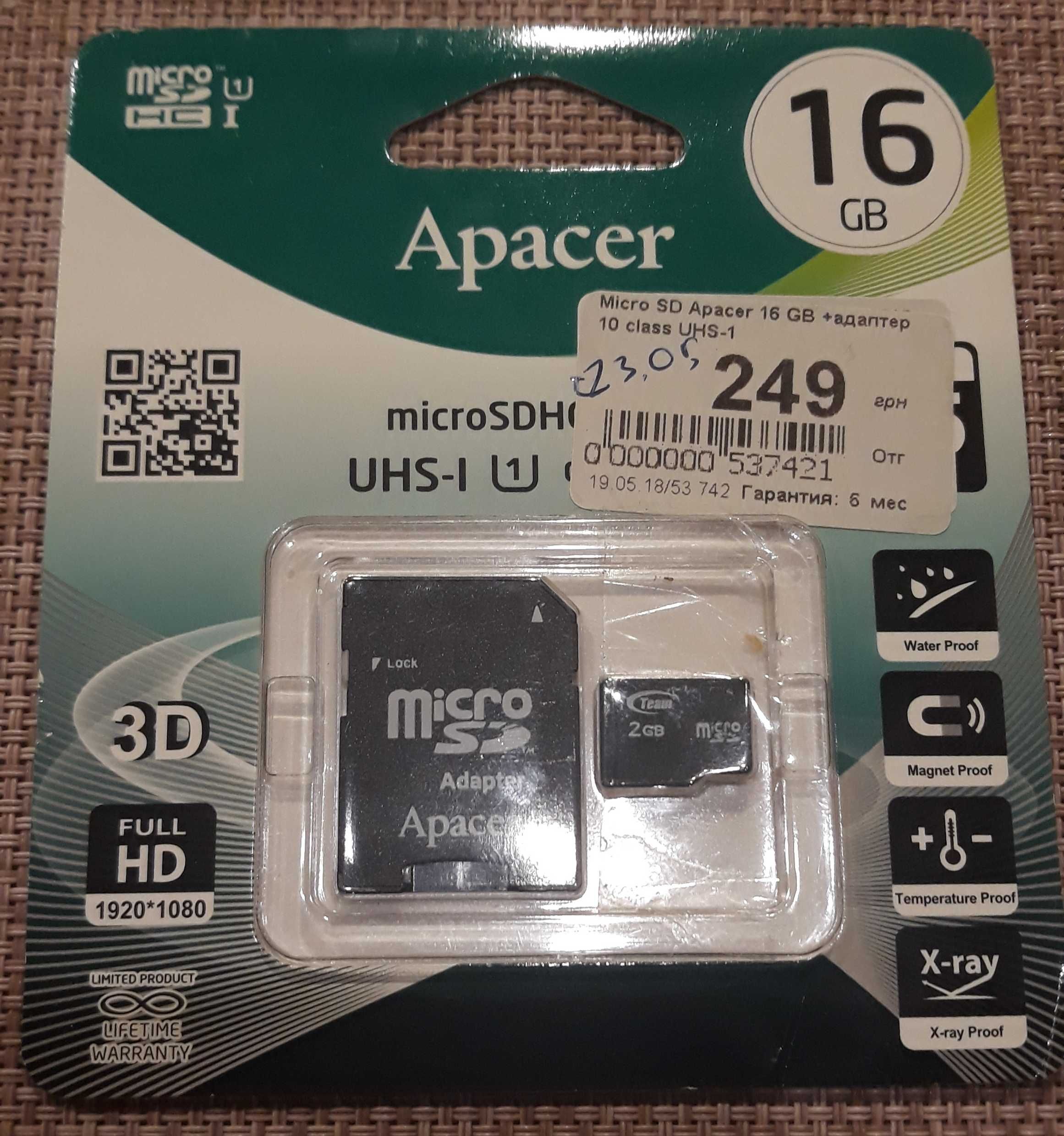 Карта пам'яті microSDHC, 16Gb, Class10, Apacer SD адаптер. Нова