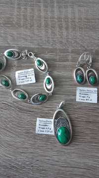 Nowy komplet srebrnej biżuterii z zielonymi kamieniami