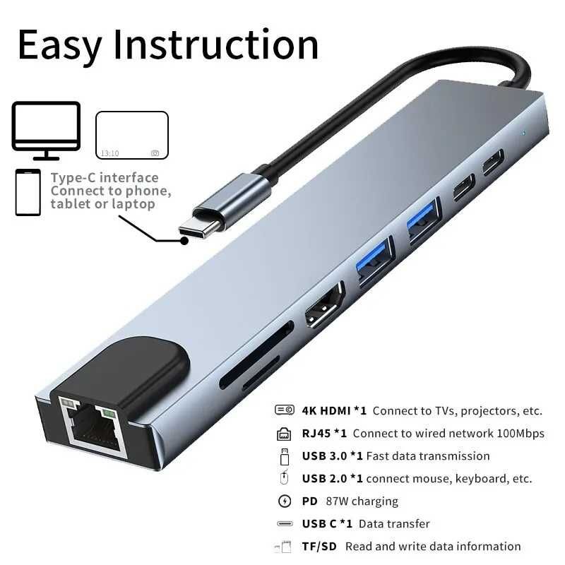 Адаптер концентратор USB 8 в 1 Type C 4k Hdmi Rj45  Charge For Macbook