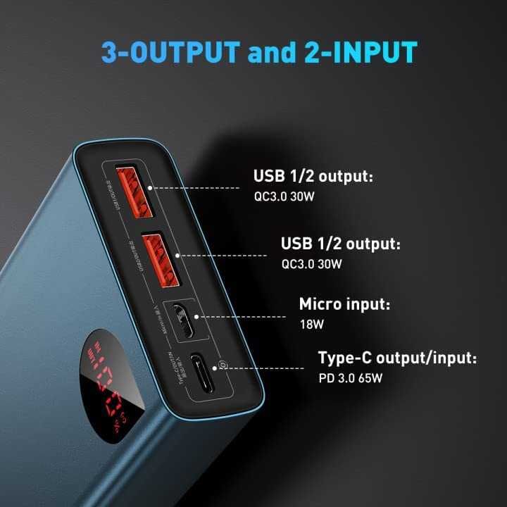 Baseus Power Bank, 65 Вт, 20000 мАг,для ноутбука, швидка зарядка USB C