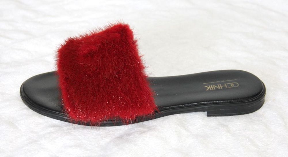 ochnik klapki z futerkiem futro norki 39 skóra karibu czarne czerwone