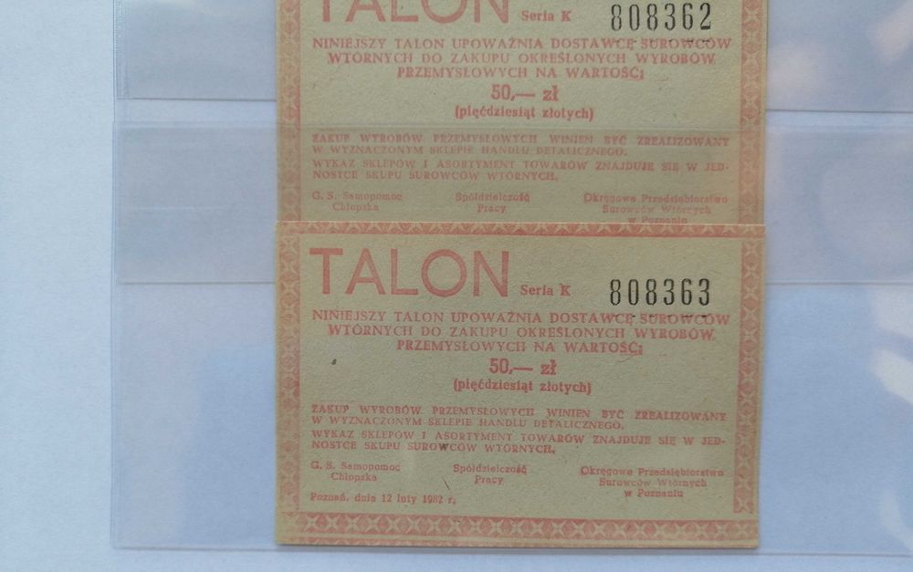 Talon PRL 10zł, 20 zł Pamiątki PRL-u