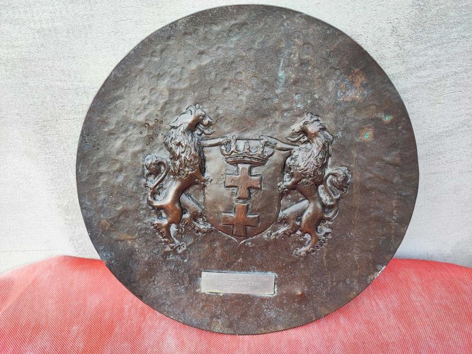 Patera mosiężna,herb Gdańsk I nagroda na festynie z 1968 r.