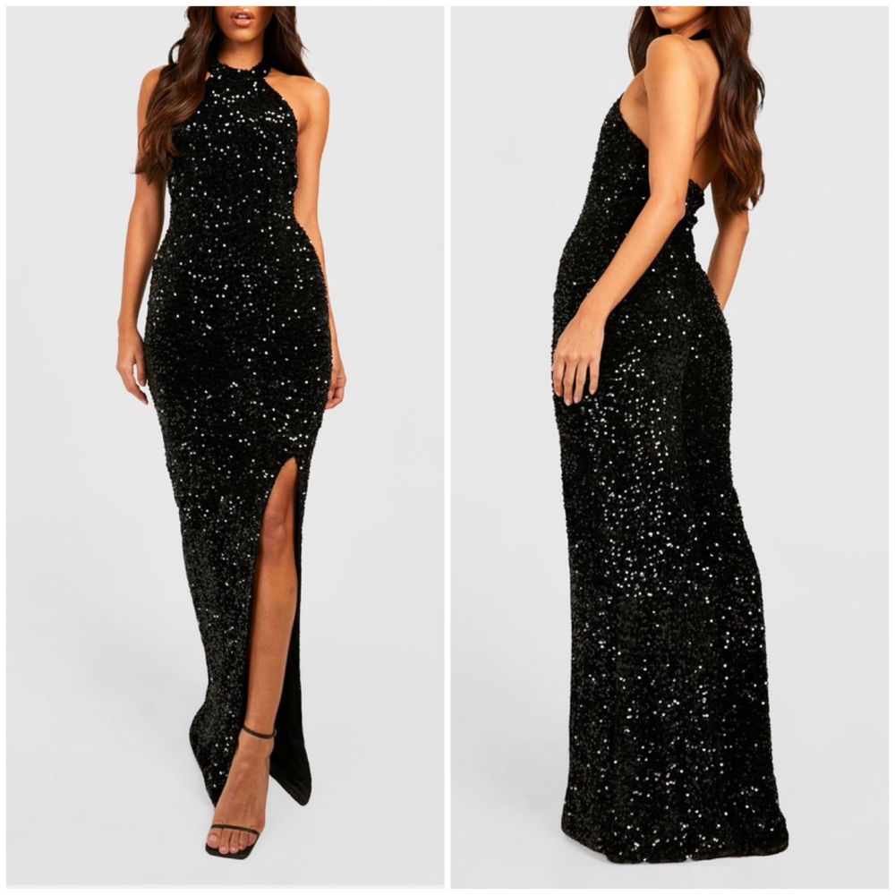 Czarna cekinowa sukienka maxi L 40 xl 42 welurowa Boohoo