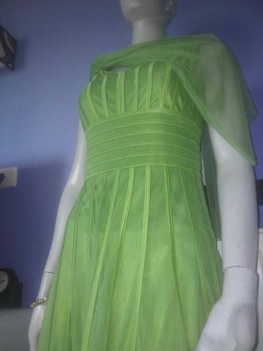 Luksus Sukienka zielona, zwiewna z szalem, gratis wysyłka i prezent