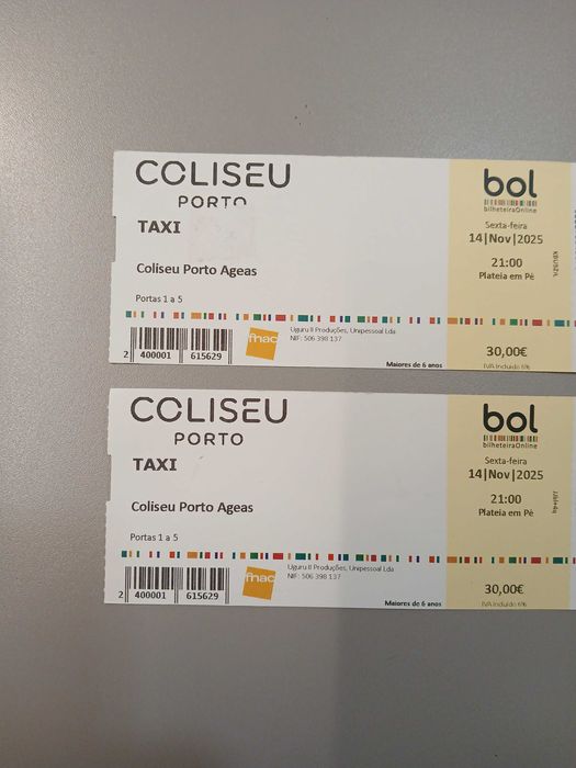 Bilhetes Plateia Táxi Coliseu do Porto