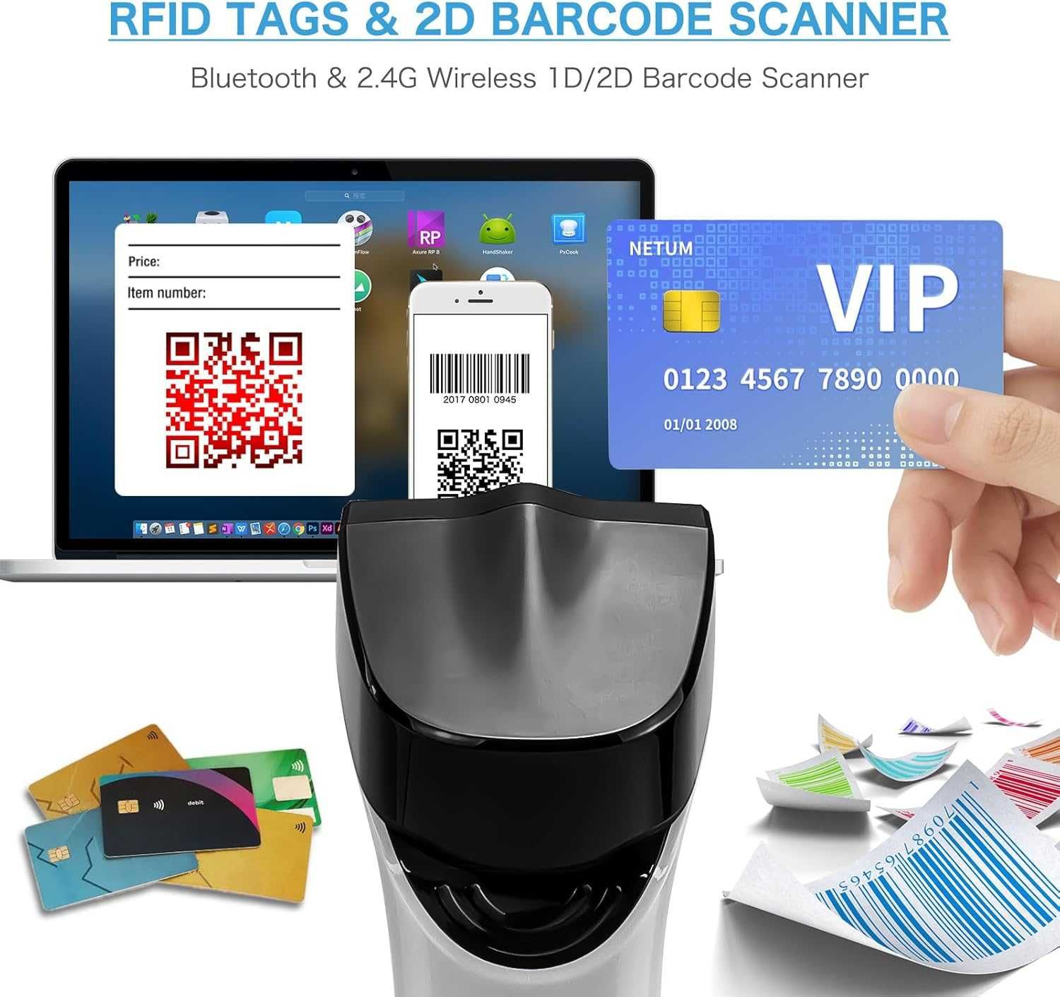 NETUM DS8100 Bezprzewodowy czytnik RFID/NFC, skaner kodów QR i 1D/2D