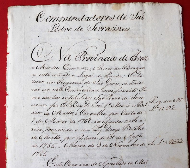 Comendadores de S. Pedro de Sarracenos Bragança 1768 apelido Matos