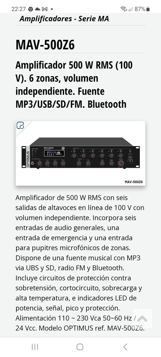 Mixer amplificador OPTIMUS MAV-500Z6  500 W -6 Zones.