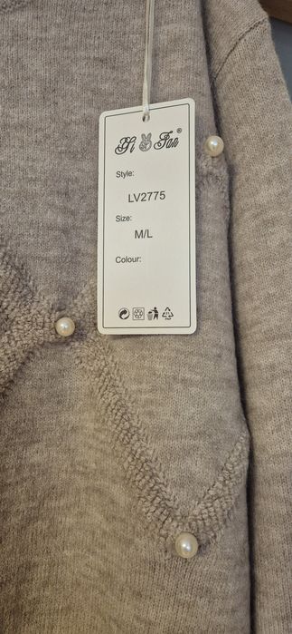 Nowy sweter z ozdobnymi perełkami, welna kaszmir bawełna.M/L