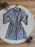sukienka F&F kwiatowa w stylu boho letnia midi rękaw 3/4 dekolt V nieb