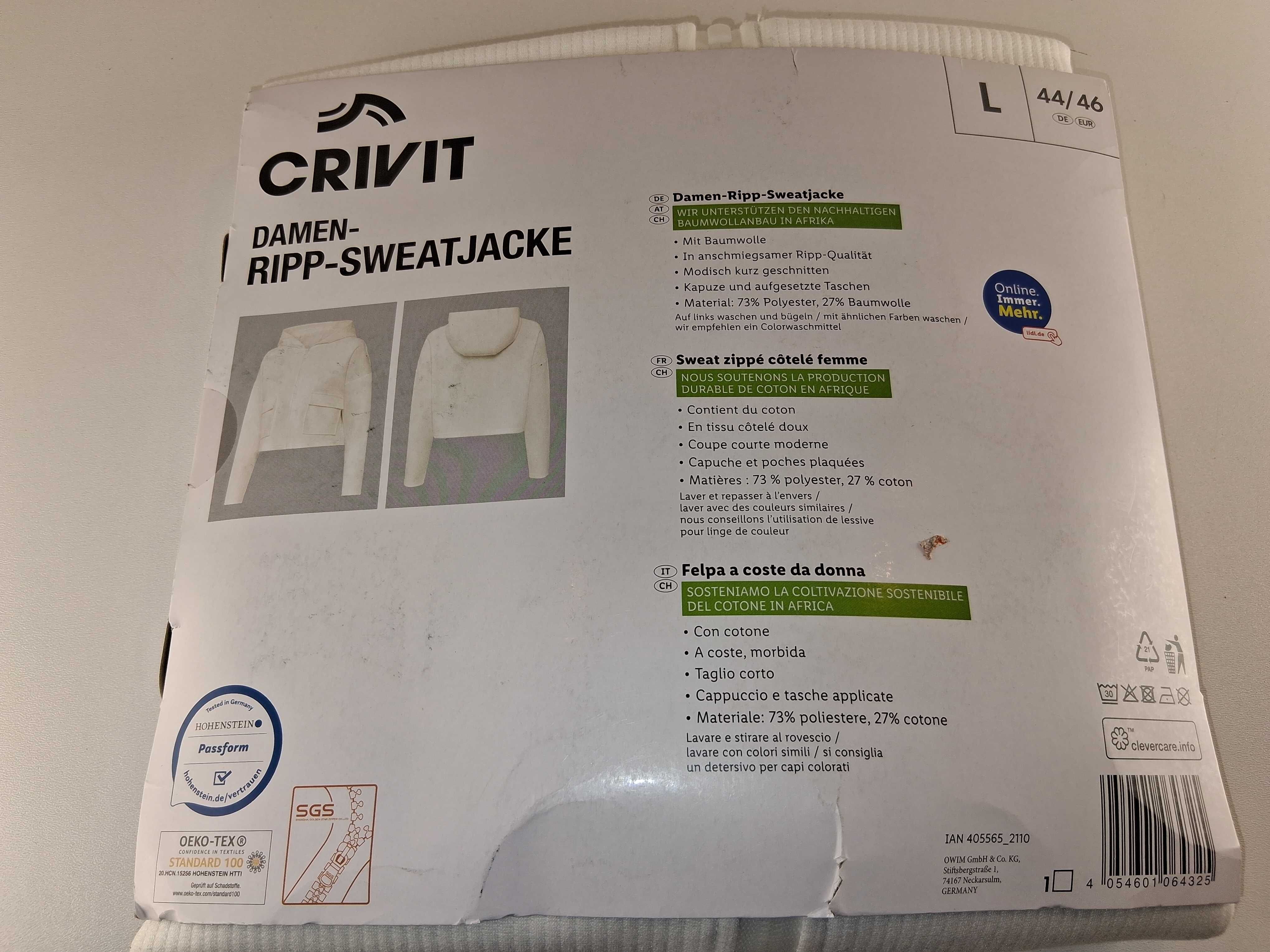 A236 CRIVIT Damska Bluza Rozpinana Z Kapturem L 44/46