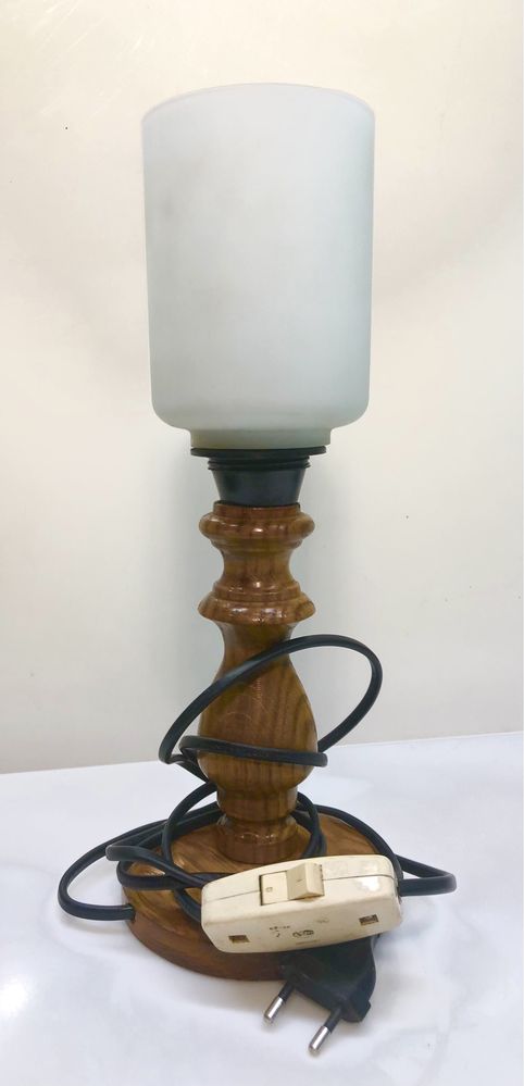 Drewniana lampka nocna szklany klosz vintage retro PRL