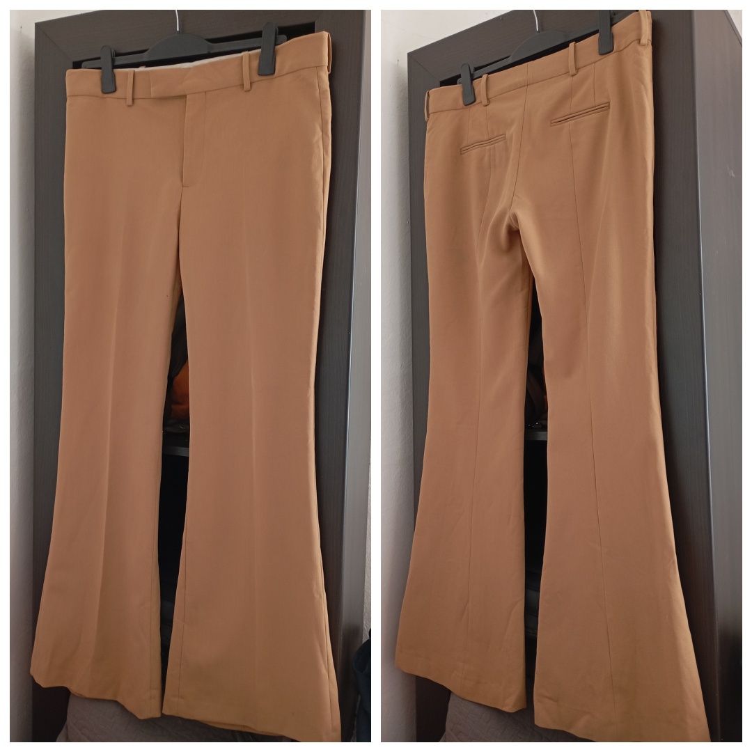ZARA L-XL eleganckie karmelowe szerokie spodnie dzwony flare