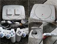 PSOne com dois comandos e dois cartões de memória originais.
