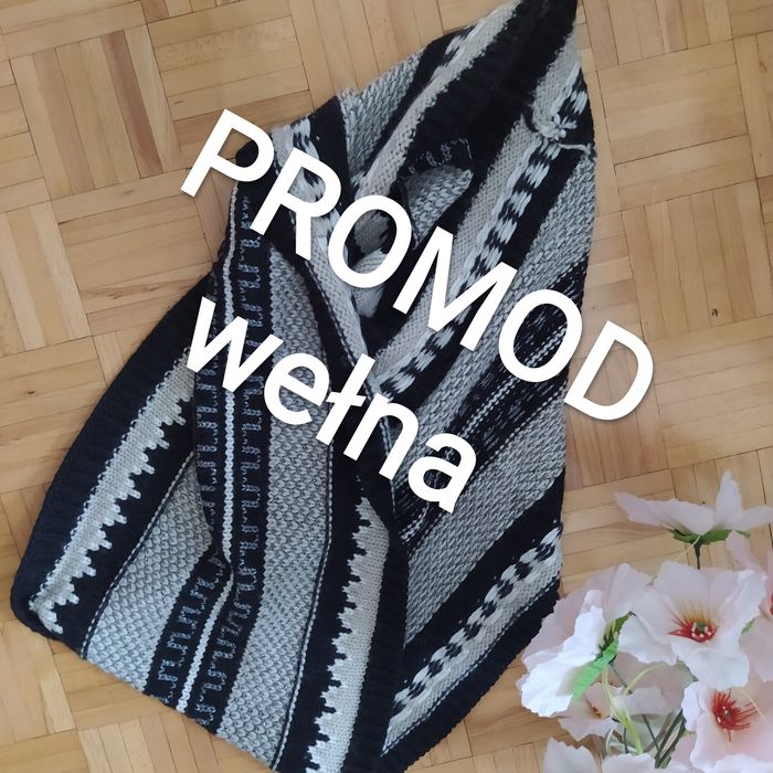 Wełniany komin szalik Promod gruby ciepły szary beżowy czarny srebrny