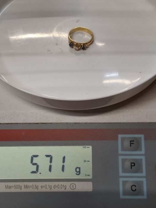 Piękny Złoty  Pierścionek z Brylantem i Szafirami  Pr 585 14K  5.71gr