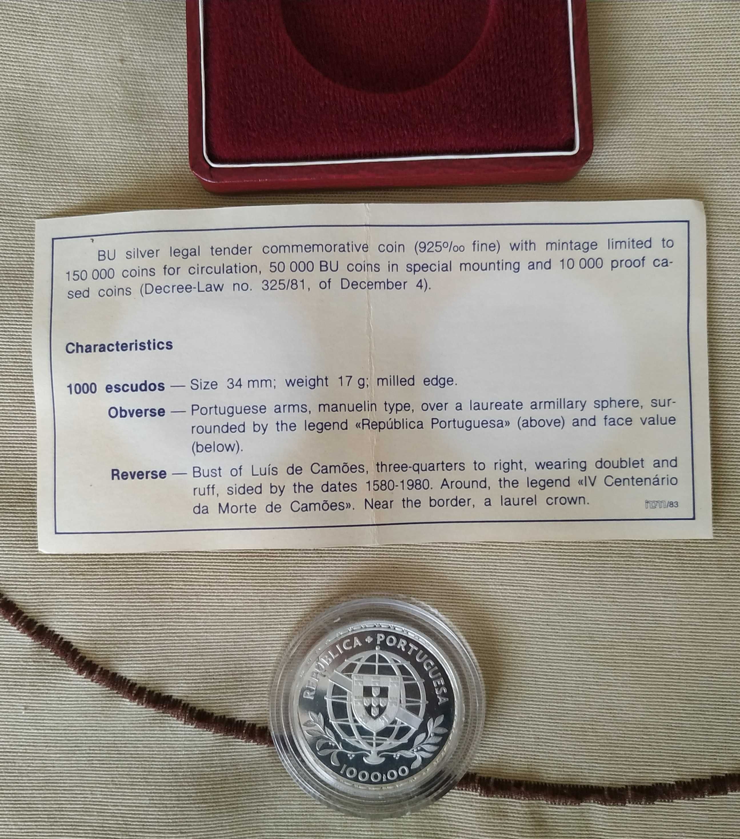 Portugal-moeda em prata proof de 1000 escudos 1980 Camões (cx.+certif)