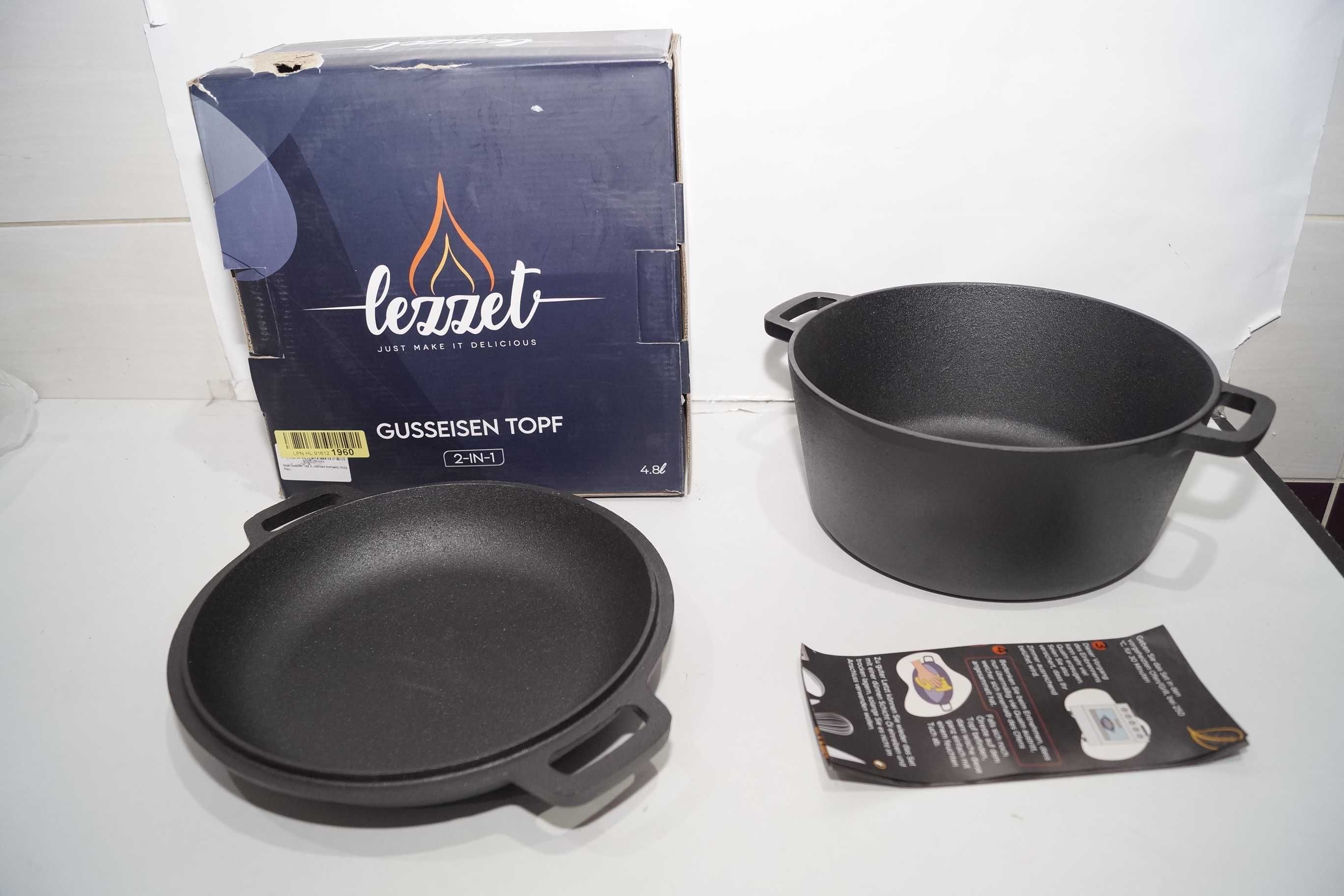 lezzet 2w1 żeliwny garnek do gotowania zapiekania z patelnią 27cm 4,8l