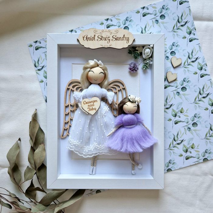 Ramka Aniołek, makrama, roczek, Komunia, Chrzest, Urodziny