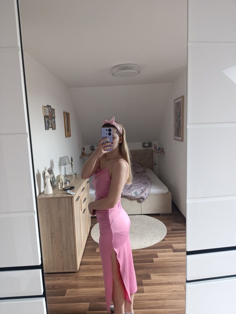 Sukienka z rozcięciem marszczona letnia MIDI koktajlowa sexy s m
