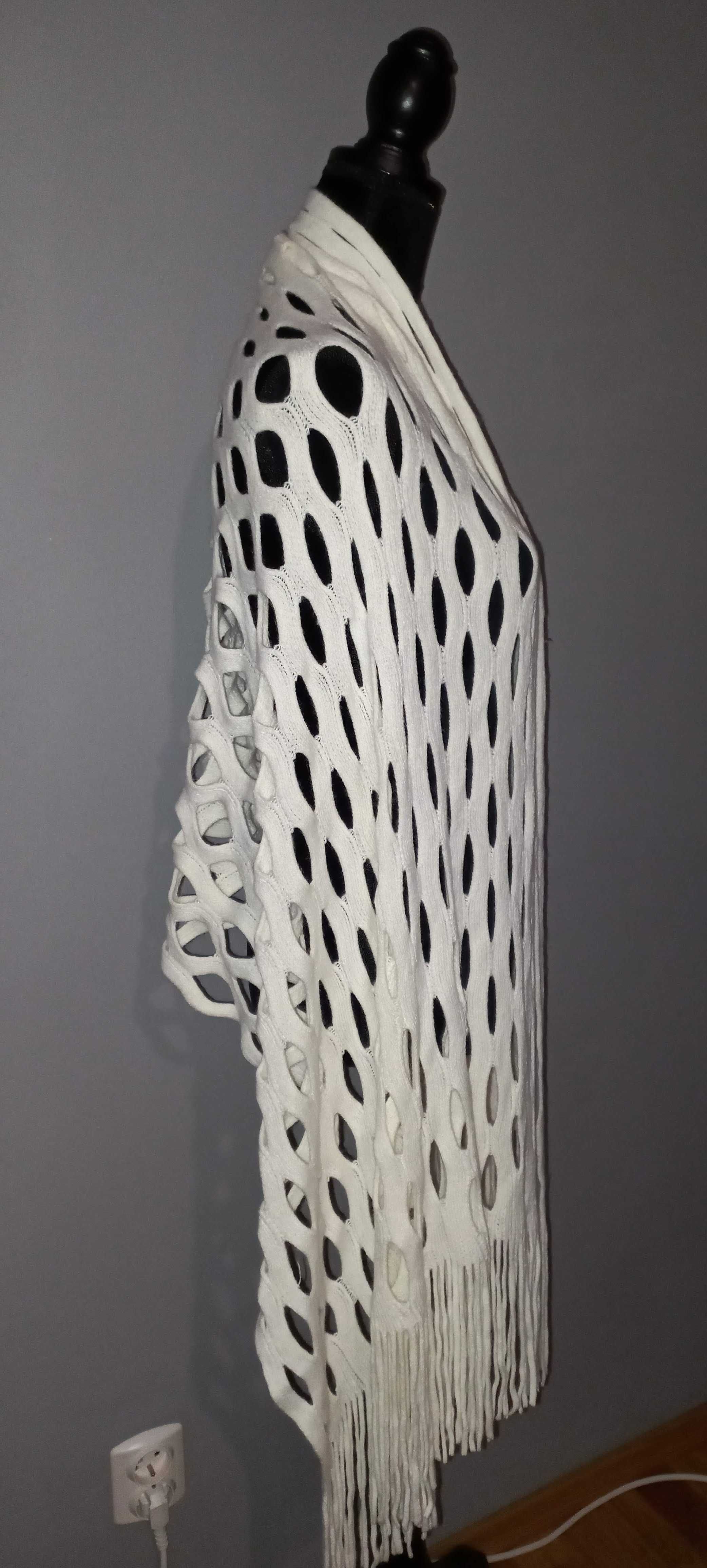 Nowy ażurowy kremowy długi szal / szalik z frędzlami 66x185 cm