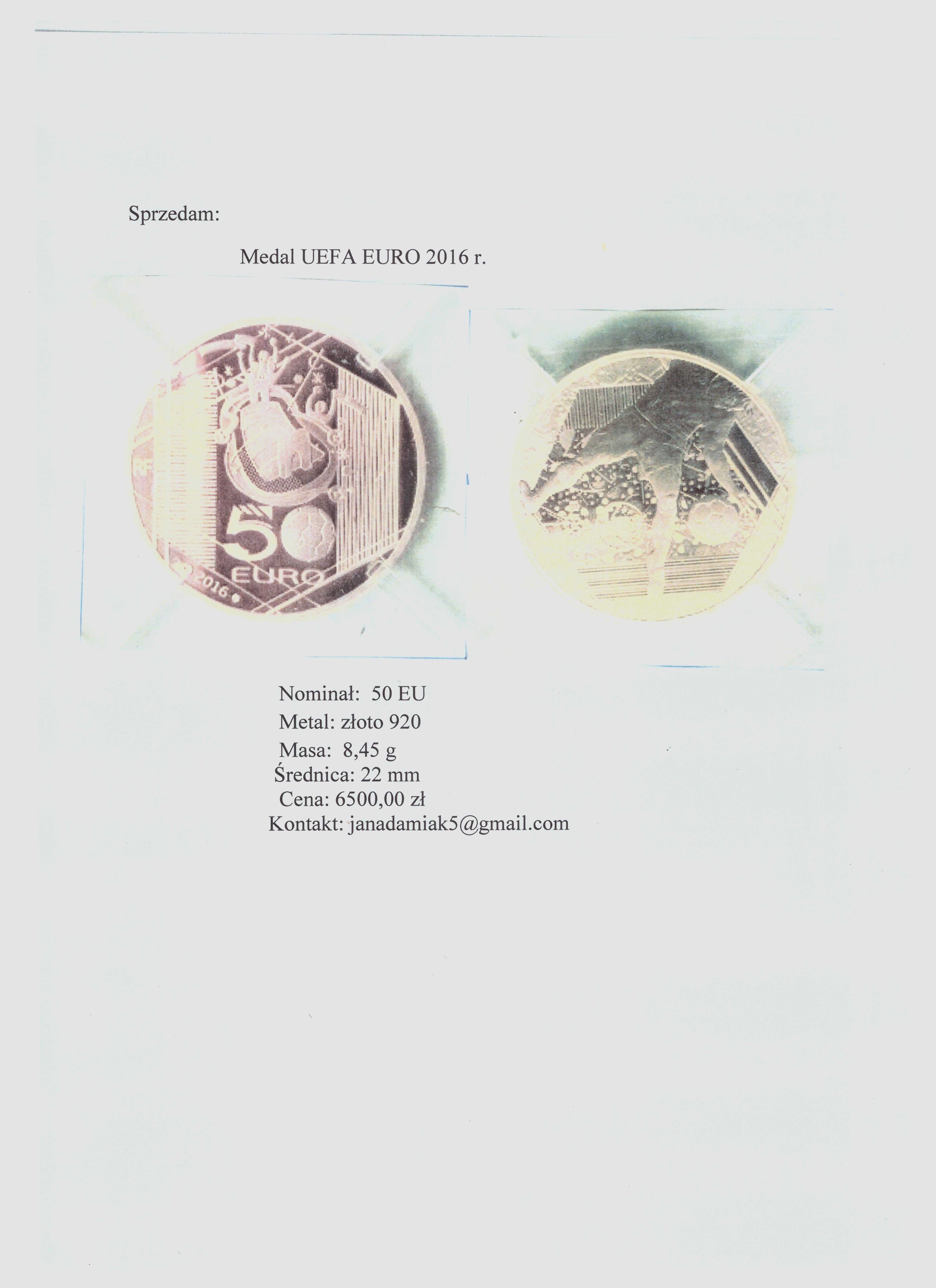 Sprzedam medal UEFA EURO 2016, złoto 920, cena 5500,00 zł