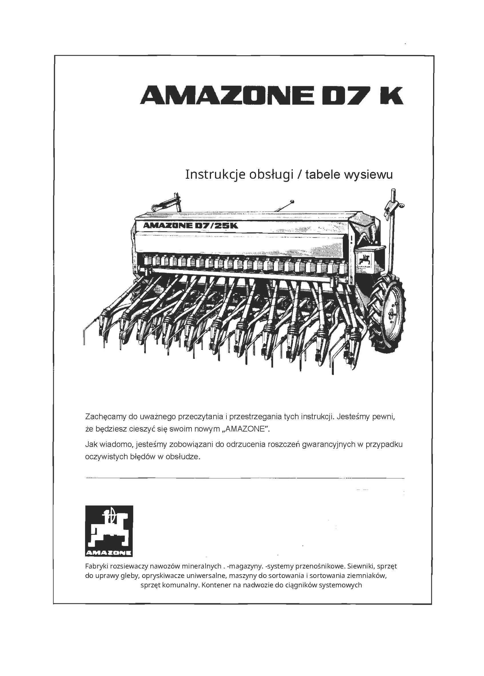 Instrukcja obsługi D7 K Amazone K25 25K Tabele
