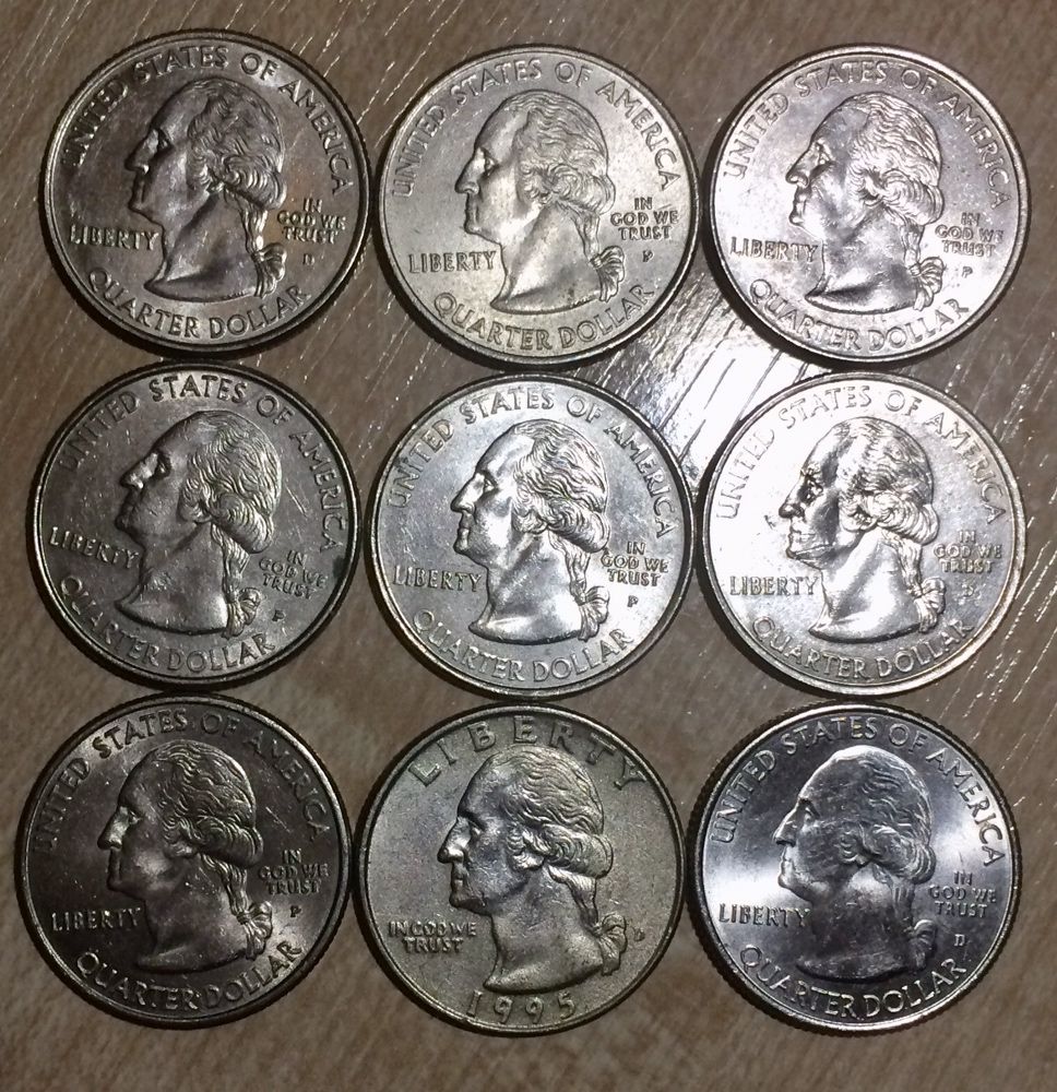 Монеты Quarter Dollar 1995, 1999, 2000, 2001, 2002, 2005, 2016гг.