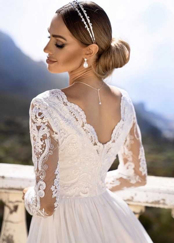 Suknia ślubna ecru długi rękaw koronka 34 XS, 36 S, 40 L, 42 XL