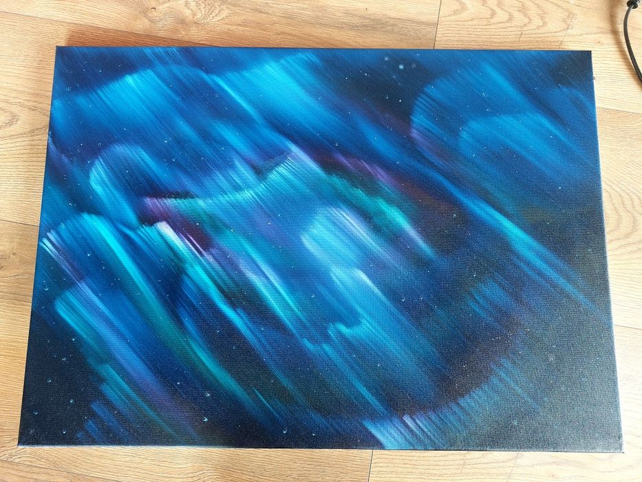 Obraz olejny krajobraz pejzaż nokturn zorza polarna