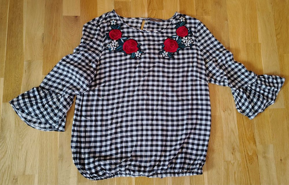 bluzka damska w kratkę z kwiatami rozmiar 40/42 L/XL