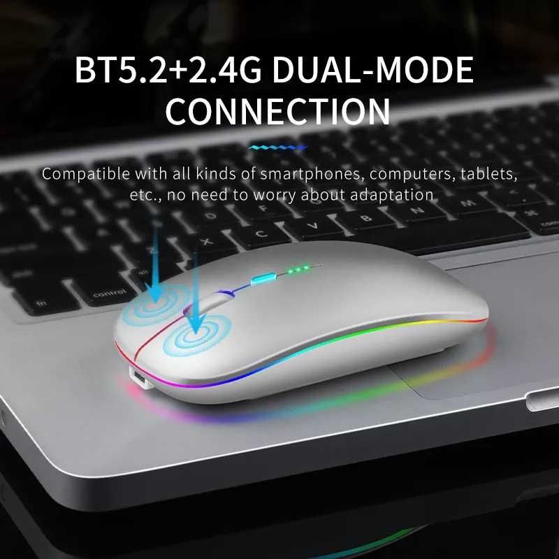 Nowa akumulatorowa, bezprzewodowa mysz Bluetooth, 2.4GHz RGB Czarna