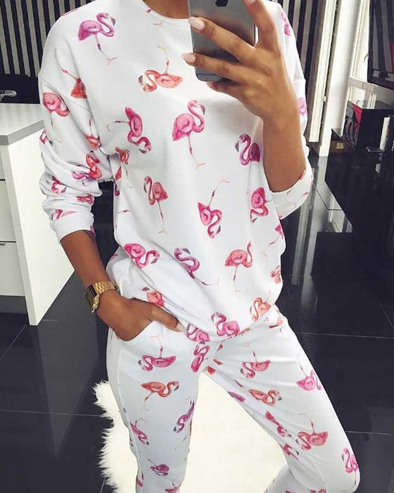 Dres Damski Komplet Dresowy Lekki Wygodny Bluza Spodnie Flamingi M