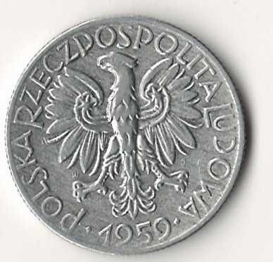 Rybak 5 zł. PRL 1959 r. bez znaku mennicy bardzo dobry stan