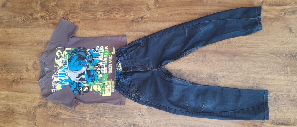 Dzinsy 128 i t-shirt na 7-8 lat