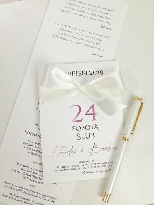 Zaproszenie ślubne kartka z kalendarza z kokardką śliczne