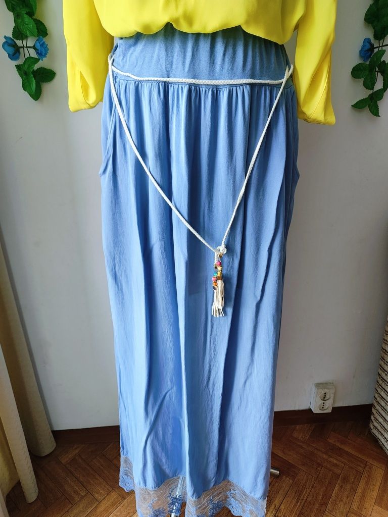 Boho maxi spódnica błękitna z koronką 100% wiskoza one size