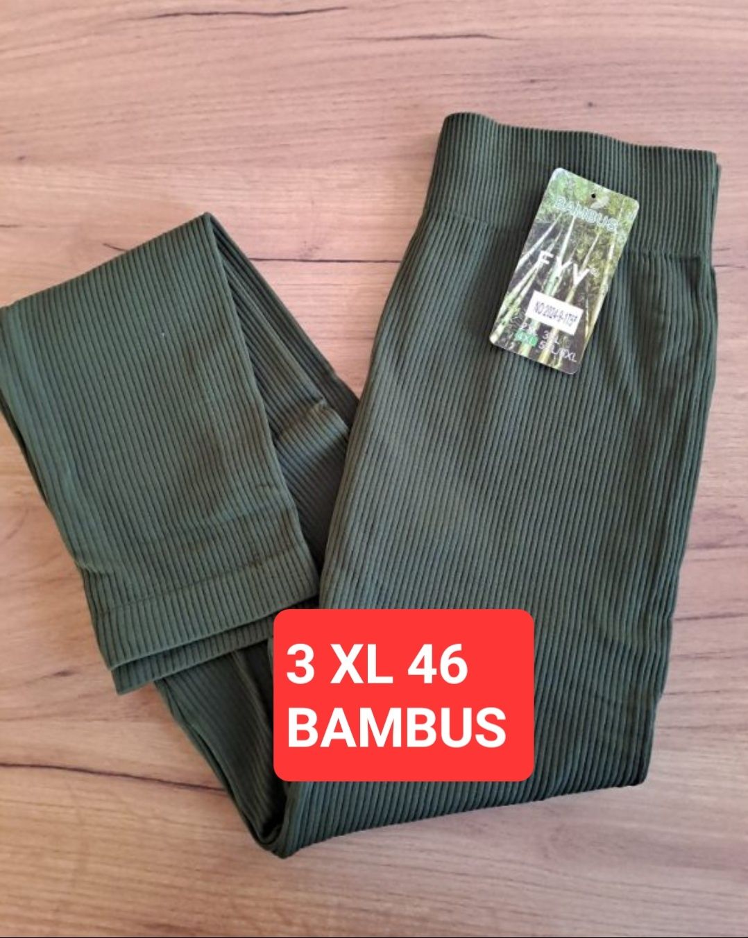 Nowe Leginsy 3 XL 46 bambusowe khaki zielone prążkowane prążek wysoki