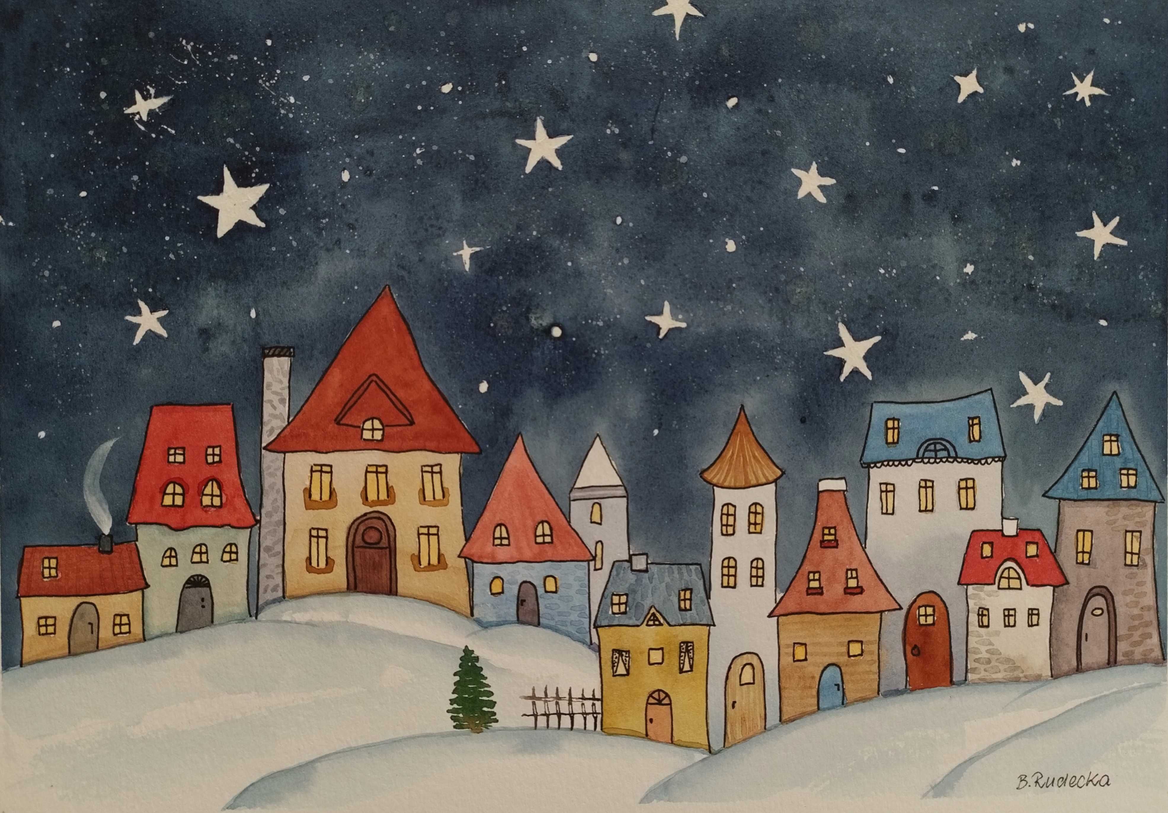Akwarela Akwarelka Obraz pt. Magiczna Noc.  A4 - 21 x 29,7 cm,