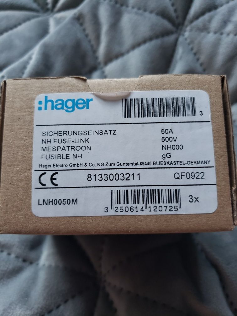 Hager wkładka bezp.nożowa typ NH000 gG wsk.podwójny 50A 500V.