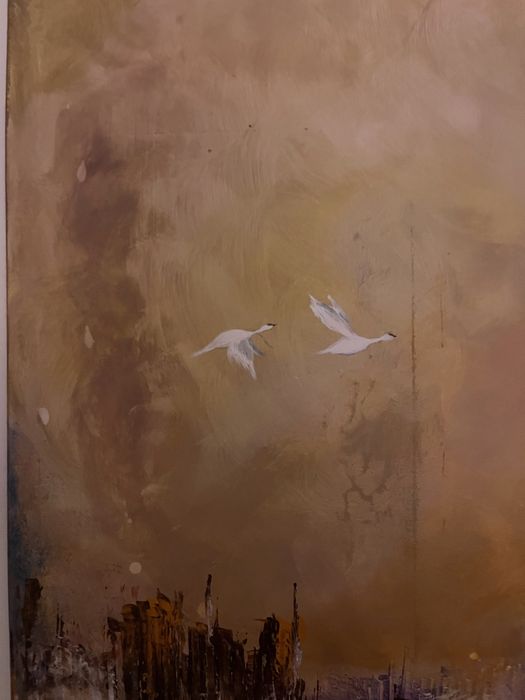 Obraz japandi duzy ptaki lekki piekny kolory ziemi na plotnie