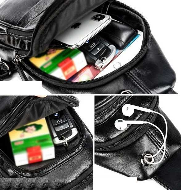 Чоловіча мужская черная кожаная сумка бананка слинг на груди барсетка