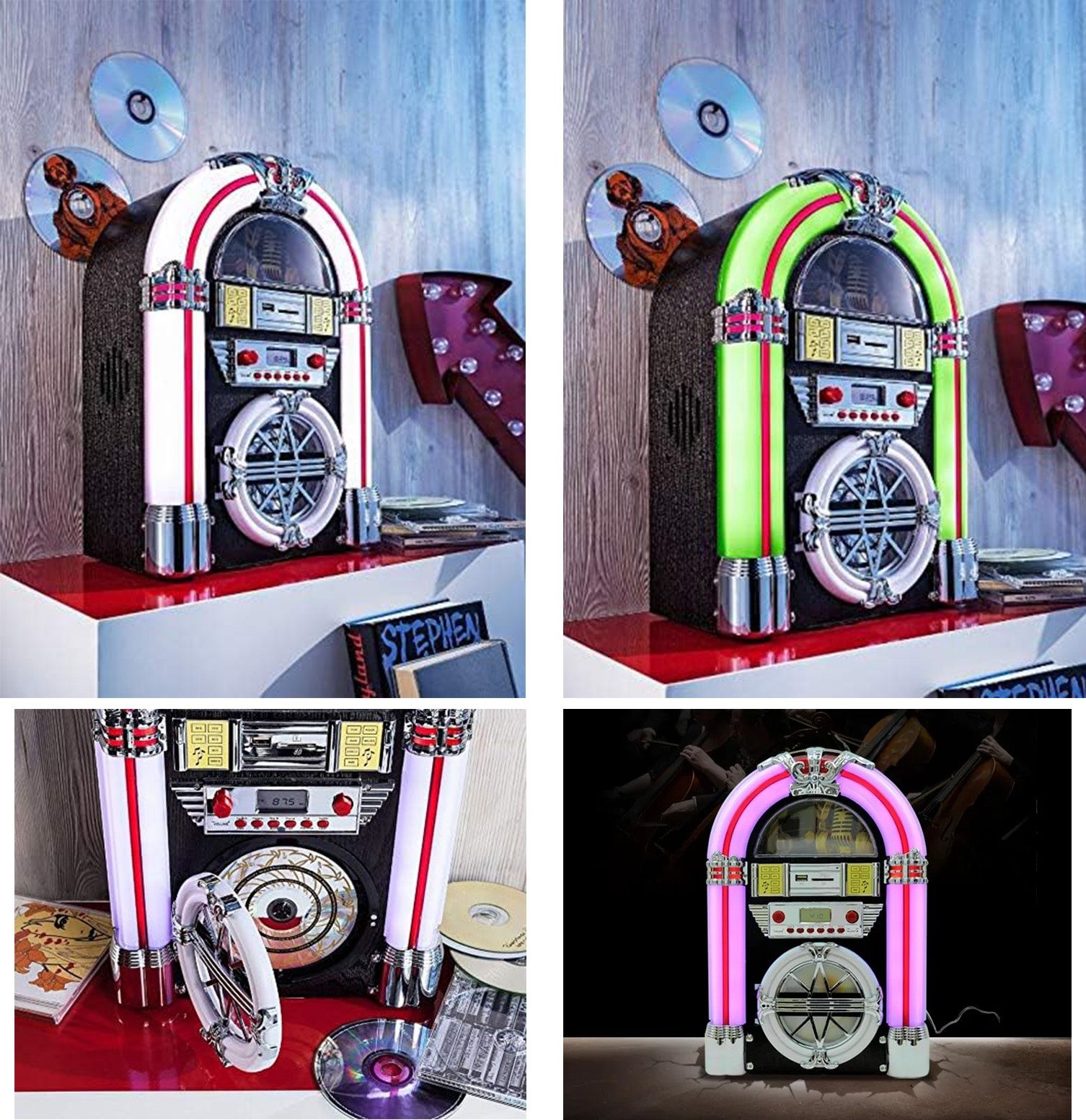 Retro Wieża Szafa Grającą NEWTRO JUKEBOX Radio FM Odtwarzacz CD USB SD