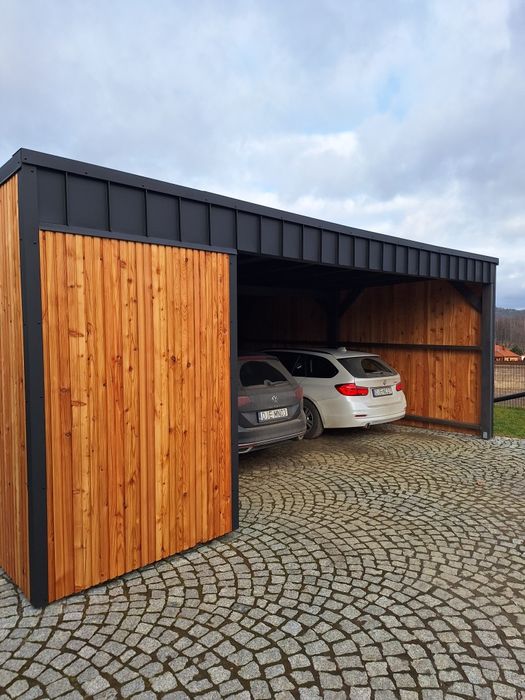 Garaż Carport Duża wiata samochodowa Modrzew duoromb elewacja nowoczes