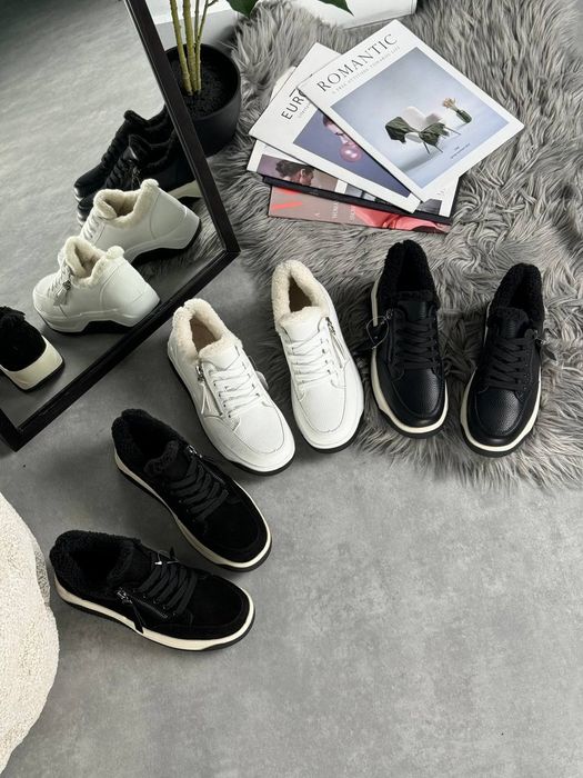 Теплі шкіряні , замшеві кросівки на хутрі, білі, чорні