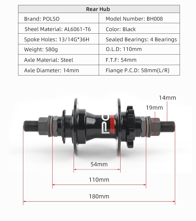 Piasta tył POLSO BH008 bmx , 9t , disc , O.L.D. 110 .36H